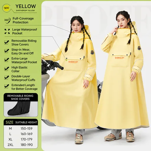 Yellow Full Coverage & Extended Cycling Hooded Rain Poncho with Detachable Shoe Covers, 2XL Size – Thickened Waterproof Oxford Motorcycle Raincoat with Face-Protection Elastic Collar, Large Storage Pocket and Foldable Sleeve Cover for Men Women Outdo