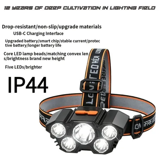 5LED Headlamp Rechargeable Headlamp USB Charging Headlamp Outdoor Headlamp Work - Black - Size 01