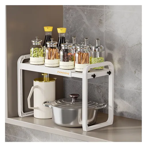 Tabletop Kitchen Storage Rack White Plastic Double Layers Telescopic Kitchen Shelf Organizer for Home Stove Basin 8512 1