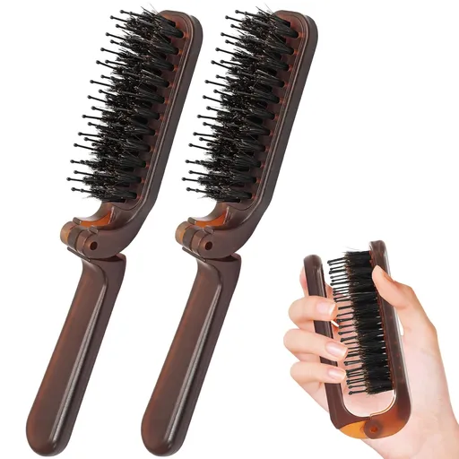 Biaungdo 2 Pack Foldable Hair Brush, Boar Bristle Hair Brush for Women & Men, Mini Travel Hairbrush Portable Collapsible Pocket Comb for Any Hair Types (Amber)