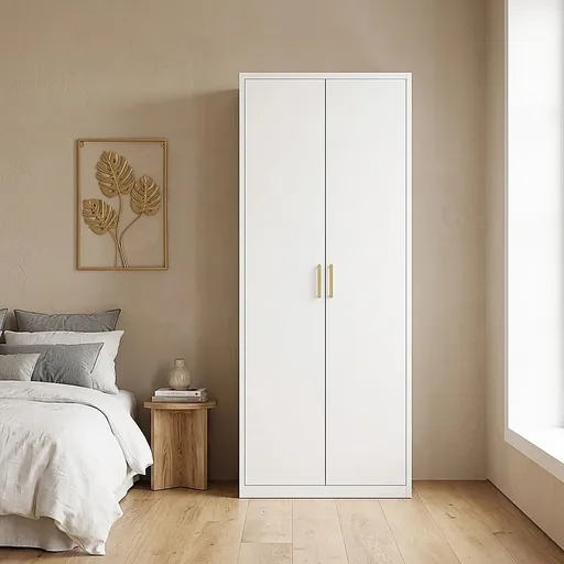 80x200cm 2-Door White Steel Shelf Wardrobe with Gold Handle Storage Cabinet