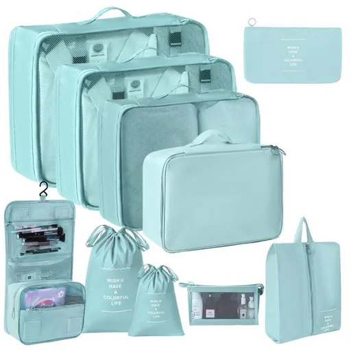 Multi-Size Suitcase Garment Storage Pouches, 10 Pcs Travel Kit Including Double Drawstring Sacks, Makeup Bag & Hanging Wash Pouch, Light Blue, Premium Vacation Gift