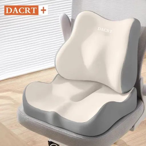 2-piece Beige Ergonomic Memory Foam Seat Cushion with Lumbar Support - Breathable Contoured Design for Office, Car, and Home Use - Relieves Tailbone Pressure, Improves Posture, and Enhances Comfort for Prolonged Sitting