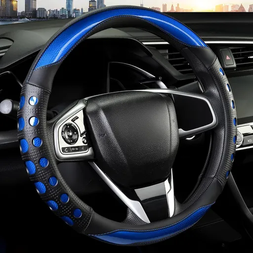 PU Leather Car Steering Wheel Cover with Non-Slip Grip, Suitable for Both Men and Women, Universal Fits 14.5-15 Inch Cars, Trucks, SUVs (Blue (Round), Medium (Standard) Size [14 1/2-15 Inches])