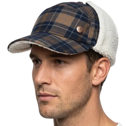 Plaid Supre Trapper Ushanka Hat Sherpa Lined Winter Ear Flap Cap - Navy/Khaki
