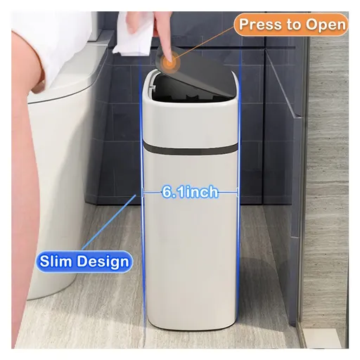 Plastic Trash Can with Lid,14 L/3.7 Gallon Garbage Can,Modern Grey Waste Basket Thin Trash Cans for Bathroom,Living Room