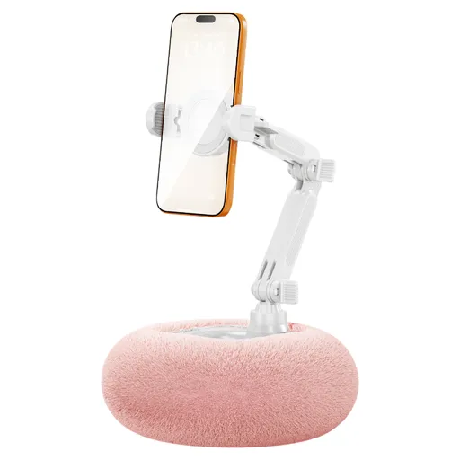 2-in-1 Pink Soft Plush Pillow Base & Phone Holder - 3-Axis 180° Rotation, Height Adjustable and Telescopic Clamp Stand, Relieve Arm Fatigue and Neck Strain