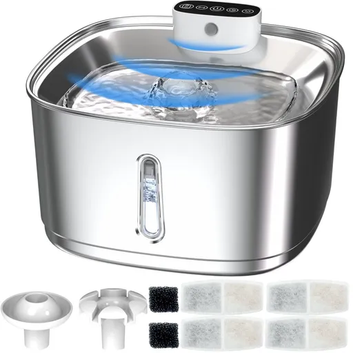 Stainless Steel Cat Water Fountain - 108oz/3.2L Pet Water Fountain Cordless with Motion Sensor, 4 Replacement Filters, Ultra-Quiet Auto Dog Water Dispenser Battery Powered - Silver - Size 19cm