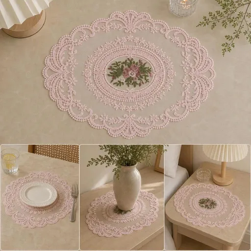2 Pack Large Pink Embroidered Mesh Table Pads 32x43cm, Romantic Double Decor For Vintage Table Styling