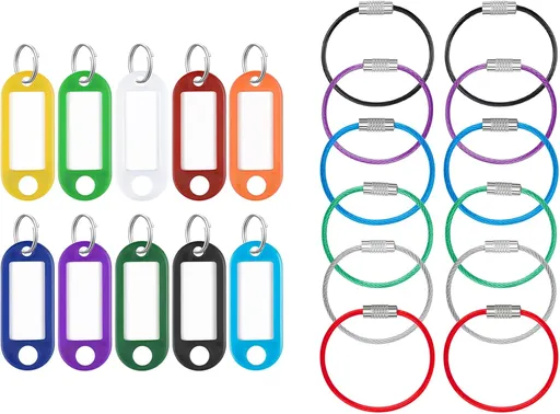 40 Pack Tough Plastic Key Tags with Split Ring Label Window and 12 Pack 4 Inch Wire Keychain Cable Large Stainless Steel Key Ring Loop Holder for Luggage Tag Keeper, Assorted Colors