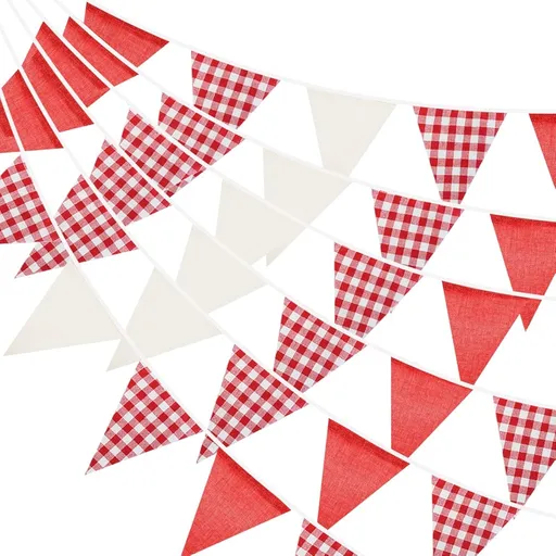 Red and White Gingham Fabric Bunting Banner, 32Ft Cotton Burlap Triangle Garland for Valentine’s Day, Wedding, Picnic, BBQ, Birthday Party & Outdoor Decorations