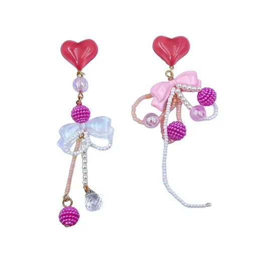 Heart Pink Bowknot Drop Earrings Valentines Day Earrings Women Girls Sweet Heart Dangle Earrings Gift for Girlfriend