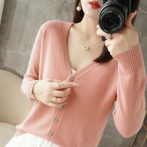 Women V Neck Knitted Cardigan Long Sleeve Sweater leather pink XL Size: XL; Height (cm): 170-175; Weight (kg): 60-65; Bust (cm): 94-98; Waist (cm): 78-82; Shoulder width (cm): 40; Length (cm): 64