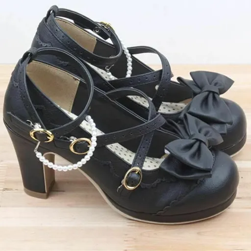 House Of Dasein Cute Lolita Buckle Heel Bow Cosplay Shoes - Black - 5.5 - Type 3