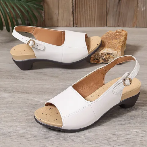 Women Chunky Heel Sandals Buckle Strap PU Rubber Beige White 37