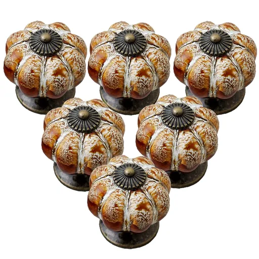 Cabinet Knobs with Pumpkin Shape Vintage Ceramic Knobs for Decorative Closet Drawers Pull Handle 6 Pack (Brown)