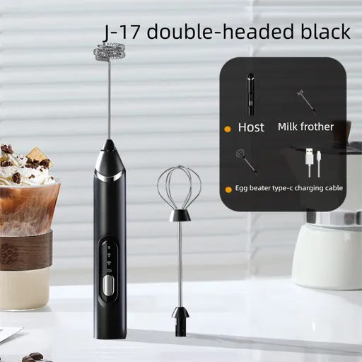 Rechargeable Electric Milk Frother Handheld - 3 Speed Adjustable Foam Maker with 2 Stainless Steel Whisks - Portable Coffee Mixer & Egg Beater for Flat Whites, Lattes & Baking (Black)