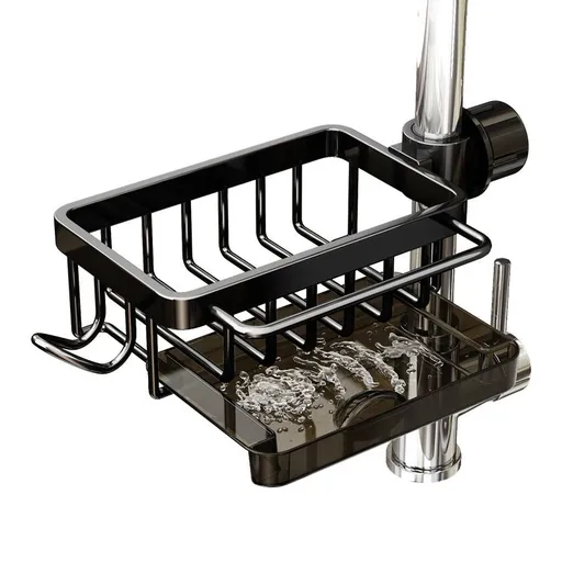 Sponge Holder for Kitchen Sink, Hanging Faucet Drain Rack with Hook, Kitchen Sink Organizer with Divider and Drip Tray