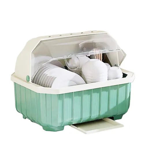 Dish Drying Rack with Cover - 2-Tier Kitchen Counter Organizer with Drainboard, Utensil Holder & Storage Box