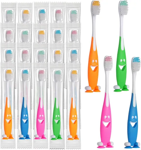 Petluno 100 Pack Kids Toothbrush Bulk Soft Bristles Toddler Cute with Suction Cup, Includes Travel Covers, Individually Wrapped Toothbrushes for Kid Home School Daycare Camp (Shark) Shark