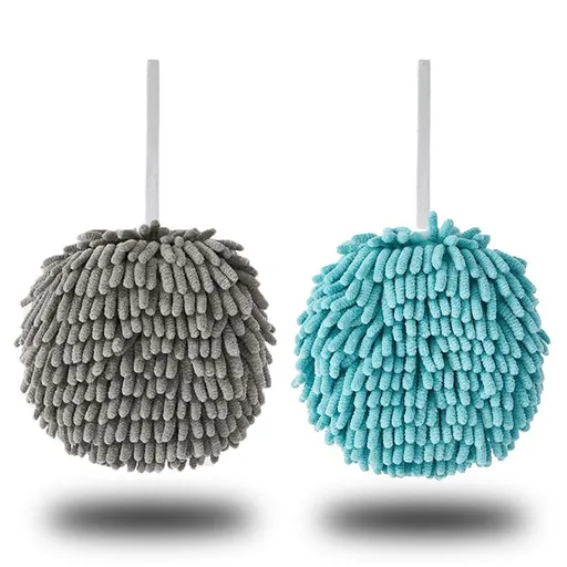Blue and Grey Chenille Kitchen Hand Towel Set Quick Dry Hand Microfiber Monochrome Decorative Small Fuzzy Ball Towel with Loop