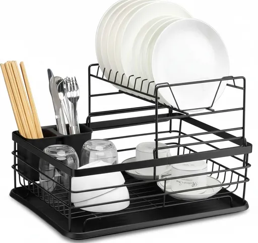 CARLA HOME 2-Tier Dish Drying Rack for Kitchen Counter with Removable Drip Tray, Utensil Holder and Cutlery Organizer (Black)