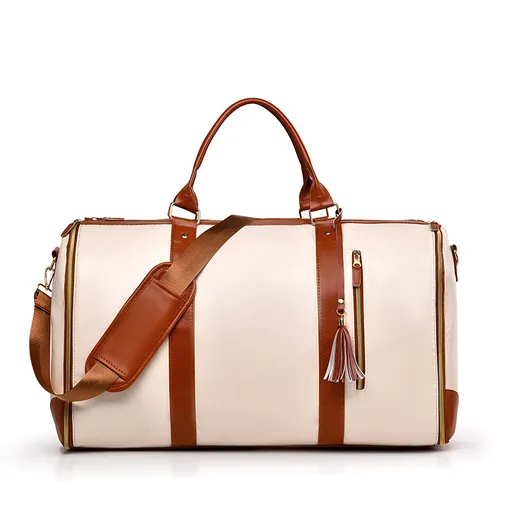 White And Brown PU Leather Foldable Garment Bag, Women's Travel Duffel with Suit Carrier, Multi-Function Storage