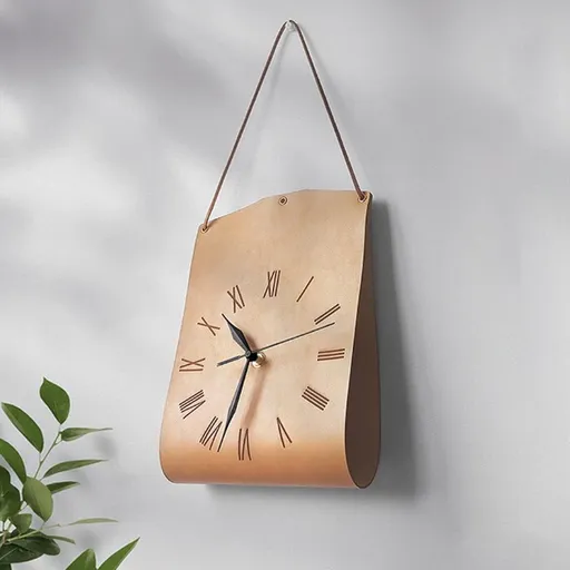 Wall Clock Retro PU Leather Handbag Design Silent Sweep Movement Roman Numerals Light Brown
