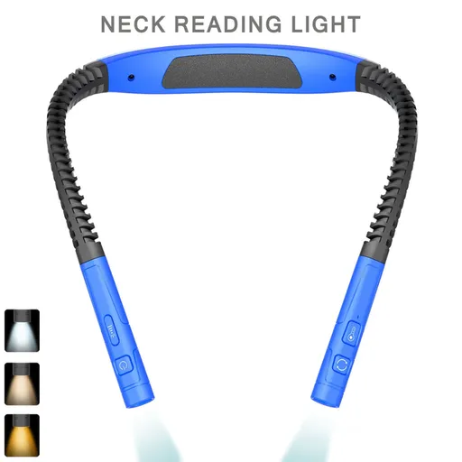 Blue LED Rechargeable Ergonomic Neck Reading & Running Light - Timer, 3 Color & 5 Brightness - Eye-Caring Hands-Free Flexible Book Light