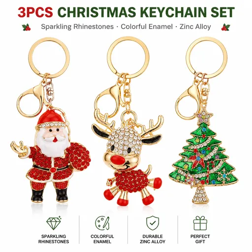 3 PCS Rhinestone Christmas Keychain Set - Zinc AlloyEnamel Santa Claus, Cute Reindeer and Christmas Tree Bag Charm Key Ring Pendant Accessories for Christmas Gifts & DIY Deco