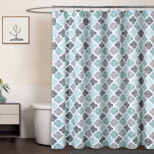 Fabric Shower Curtain, Geometric Quatrefoil Patterned Modern -Cotton Farmhouse Shower Curtain for Bathroom, 72x72 Inches