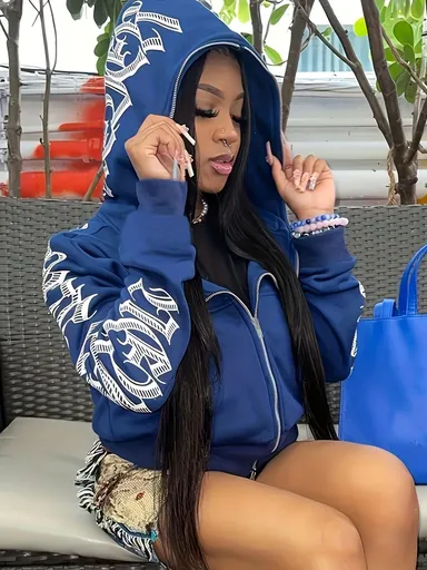 Zip-Up Hoodie Y2K Gothic Streetwear Women Blue Size S