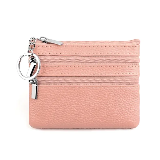 Genuine Leather Coin Purse Mini Wallet with Triple Zipper Pockets Key Ring Holder Pouch for Cash & Cards - Peach Blossom Pink