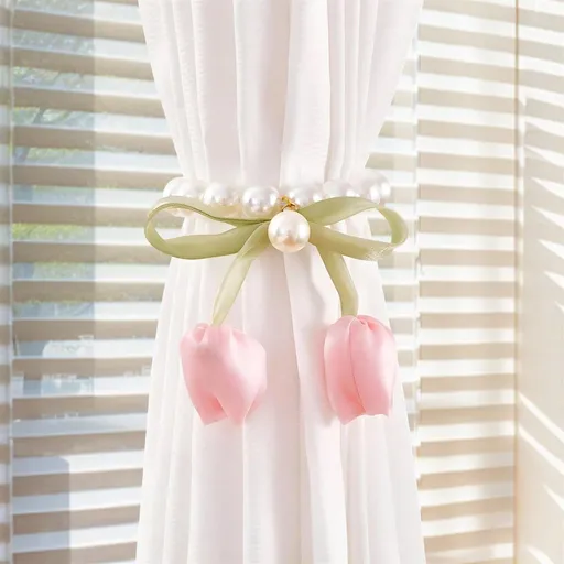 2 Pcs Magnetic Tulip Curtain Tieback with Pearl – Elegant No Drilling Decorative Curtain Holder Ties for Home Office Bedroom 25cm Pink