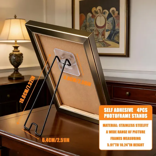 4Pcs Picture Frame Stand - Black Metal Table top easel -Heavy Duty Picture Holder Stand with Self-Adhesive for 5.9 to 10.2 inch Picture Frame Easel 5.12“ x 2.17”