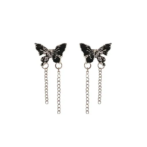 Punk Black Butterfly Drop Earrings Acrylic Butterfly Tassel Chain Earrings Silver Long Butterfly Earrings Black Butterfly Stud
