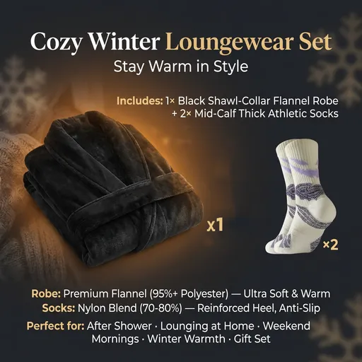 Blue Men's Winter Lounge Bundle Set - Flannel Shawl Collar Robe(XL Size) with 2x Thick Mid Calf Purple Demon Pattern Socks, Warm Plush Homewear Set, Soft Cozy Sleepwear and Indoor Loungewear Gift for Men