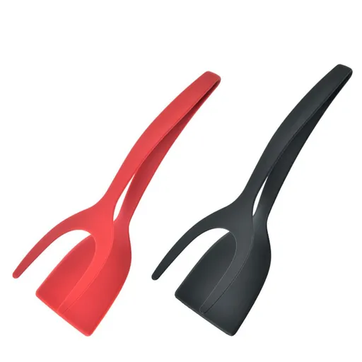 4 pack 2 in 1 Flipper Spatula with tongs - Easy Grip Flip Spatula for Hash browns, Burgers, Steaks, French Toast, Omelets, Pancakes - 2 red+2 black