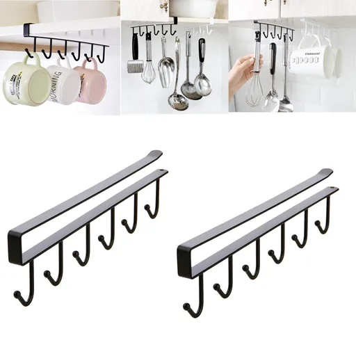 2 Pieces Under-Shelf Mug Holder Rack for Cups and Kitchen Utensils, Space-Saving Hanging Storage with No Drilling Required, Black