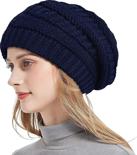 Womens Slouchy Ski Hat Warm with Satin Lining Navy Blue, 52-60 cm