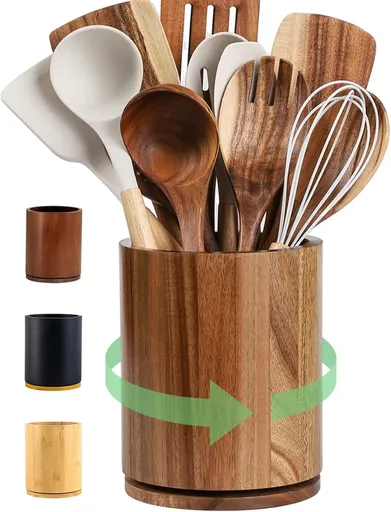 1 Piece Wooden Cutlery Holder 360 Degree Rotating Holds 10 to 15 Pieces, 15 cm
