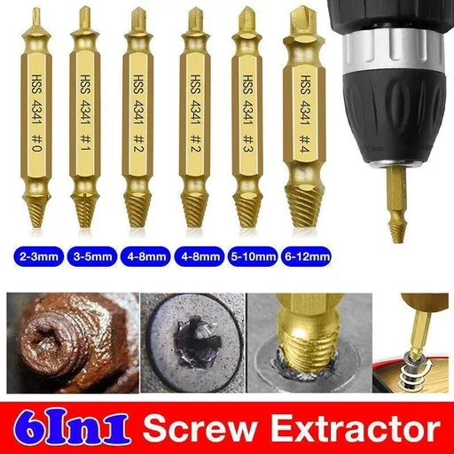 6Pcs Screw Extractor Set Broken Bolt Remover Damaged Stripped Drill Bits