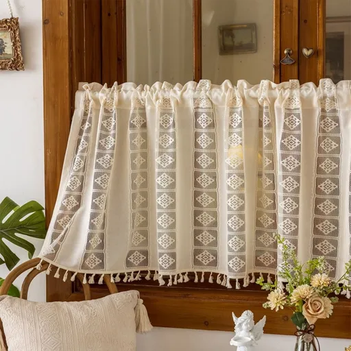 Semi Sheer Embroidered Lace Curtain Valance with Rod Pocket Light Filtering Window Treatment for Door Kitchen Bathroom 59x17.7 Inch