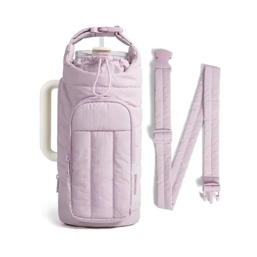 Quilted Portable Water Bottle Carrier Bag with Handle Strap and Crossbody Shoulder Strap for Travel Commuting Outdoor Activities Fits Large Tumbler Cups and Most Standard Bottles (Purple)