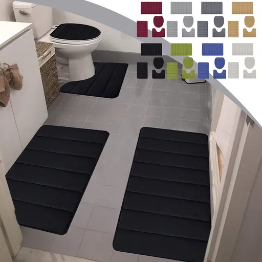 Bathroom Rugs Sets 4 Piece, Bath Mat Set and Oval Toilet Base with Rubber Backing, Plush Absorbent Shaggy Chenille Washable Mats, Includes 16x24", 16x20", 15x17" and 15x19" Rugs, Blue Black