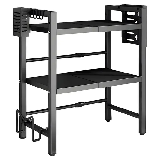 3-Tier Microwave Stand Oven Rack Height Adjustable and Extendable Stainless Steel Kitchen Storage Shelf With 6 Hook Over the Kitchen Counter Max Load 75Kgs