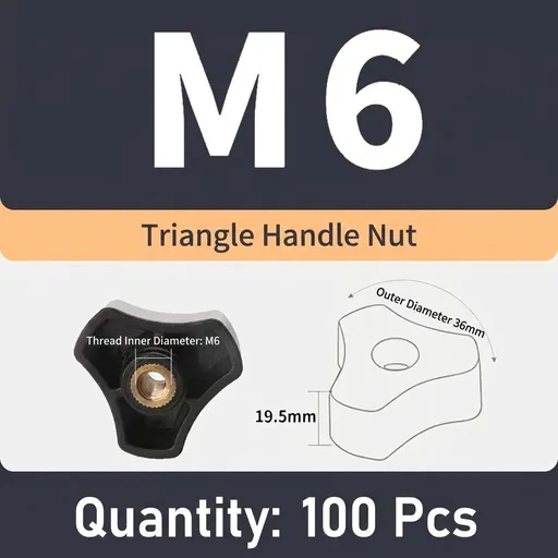 Triangular Knob Nut with Brass Threaded Insert, Ergonomic Hand-Tighten Design for Food Industry, Marine Hardware, Machinery, Furniture and Industrial Applications (M6(100PCS))