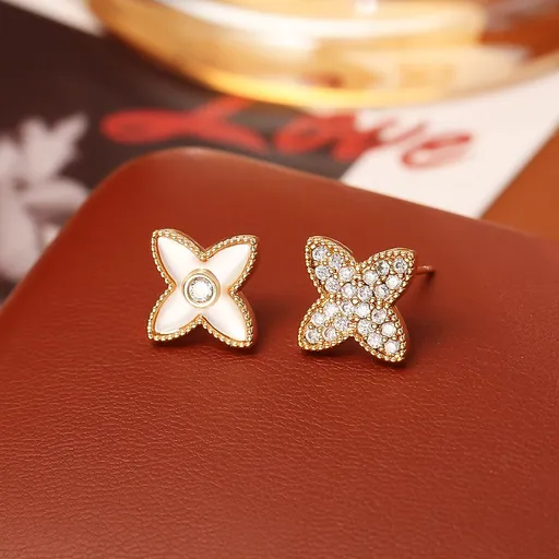 Four Leaf Clover Stud Earrings - 14mm Gold Tone White Mother of Pearl and White Zircon Mismatched Earrings, Elegant Fashion Jewellery for Women and Girls