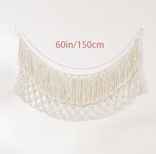 White Hand-Woven Cotton Rope Plush Toy Hammock - Wall Organizer with Tassels, Decorative Toy Net (150 x 40cm)