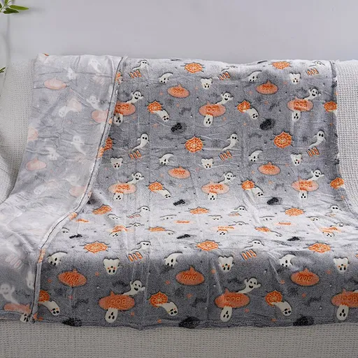 Glow in the Dark Flannel Blanket with Playful Hallowen Pumpkin (S135 / 130 x 150CM) - Versatile Soft Plush Magic Throw Blanket, Durable High Density Woven & Machine Washable for All-Season Use